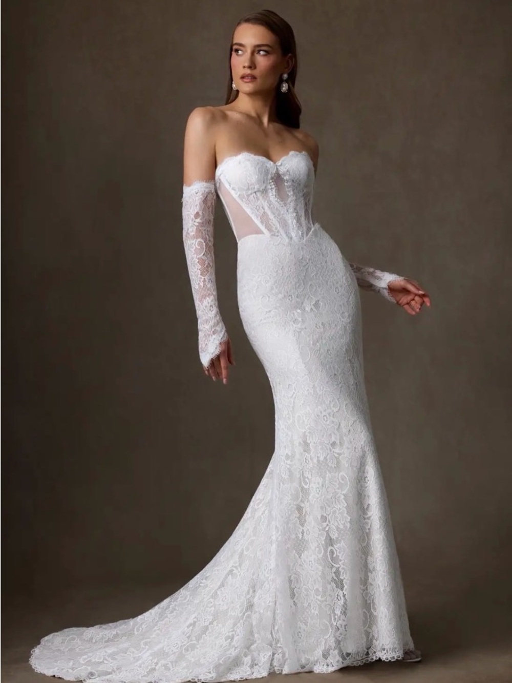 Azazie Strapless Lace Mermaid Wedding Dress in White - Size 6